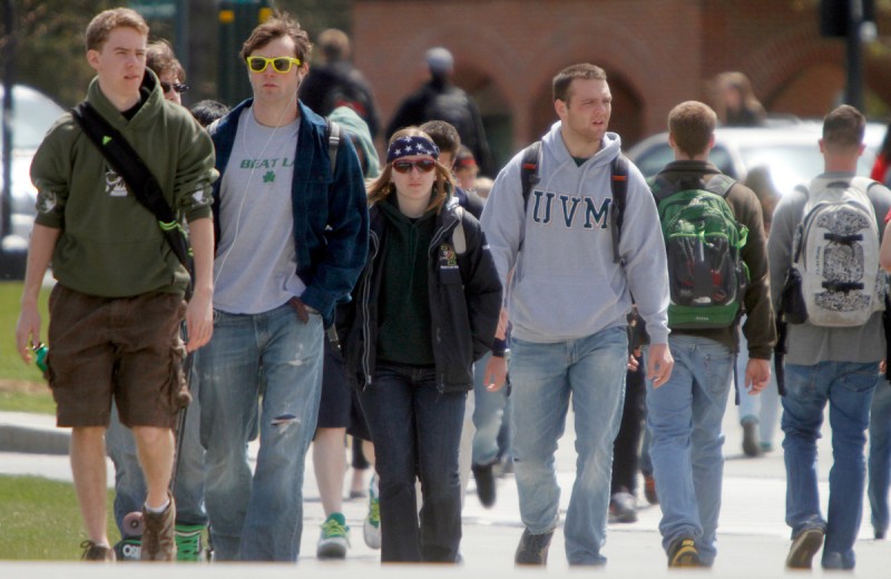 Students walk across campus at the University of Vermont on Monday, April 30, 2012 in Burlington, Vt.