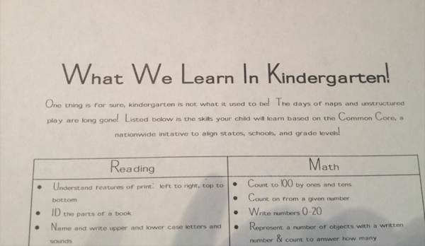 A worksheet that Kathy Glover’s kindergartener brought home from school to introduce the new Common Core standards.
